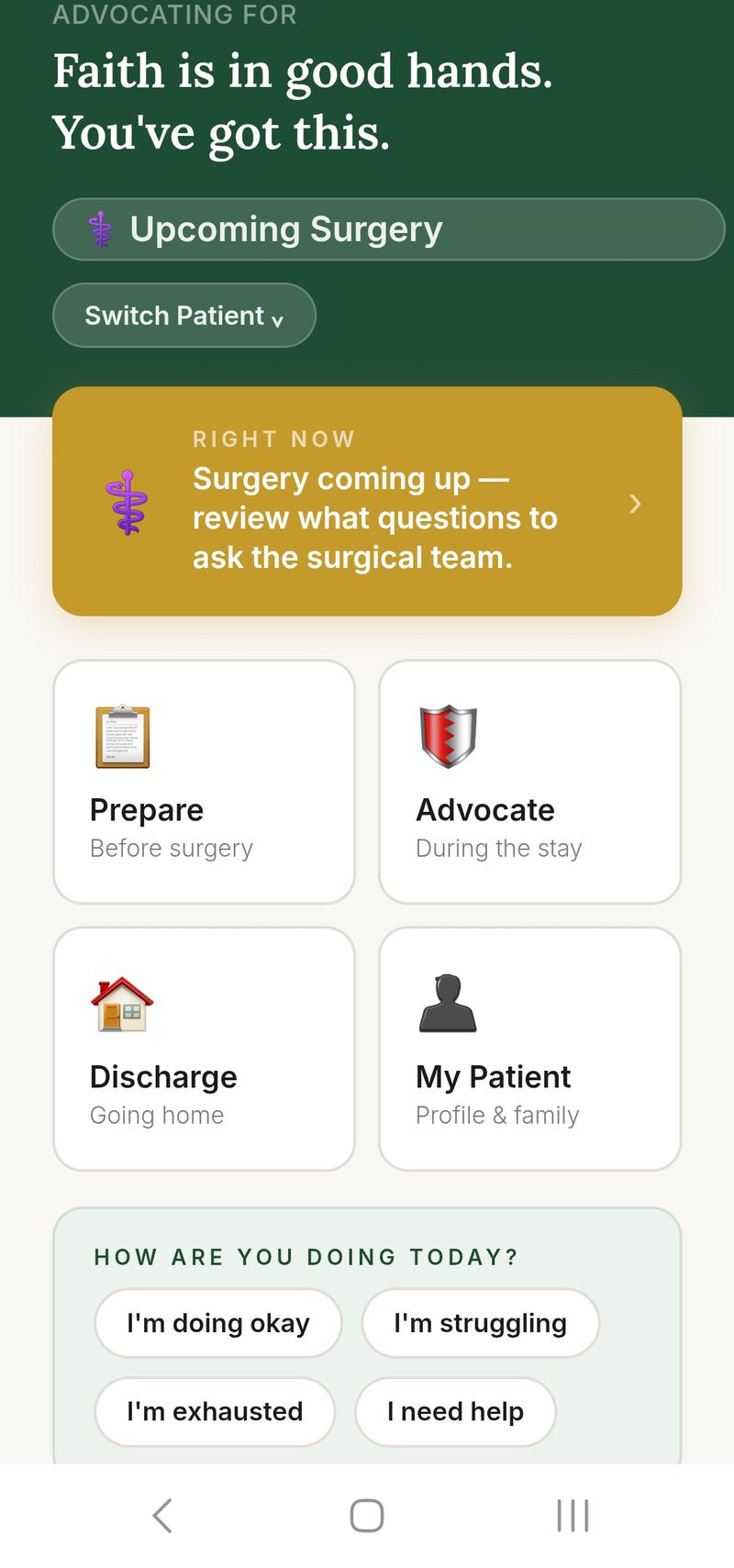 The Advocate App dashboard showing Prepare, Advocate, Discharge, and My Patient tools