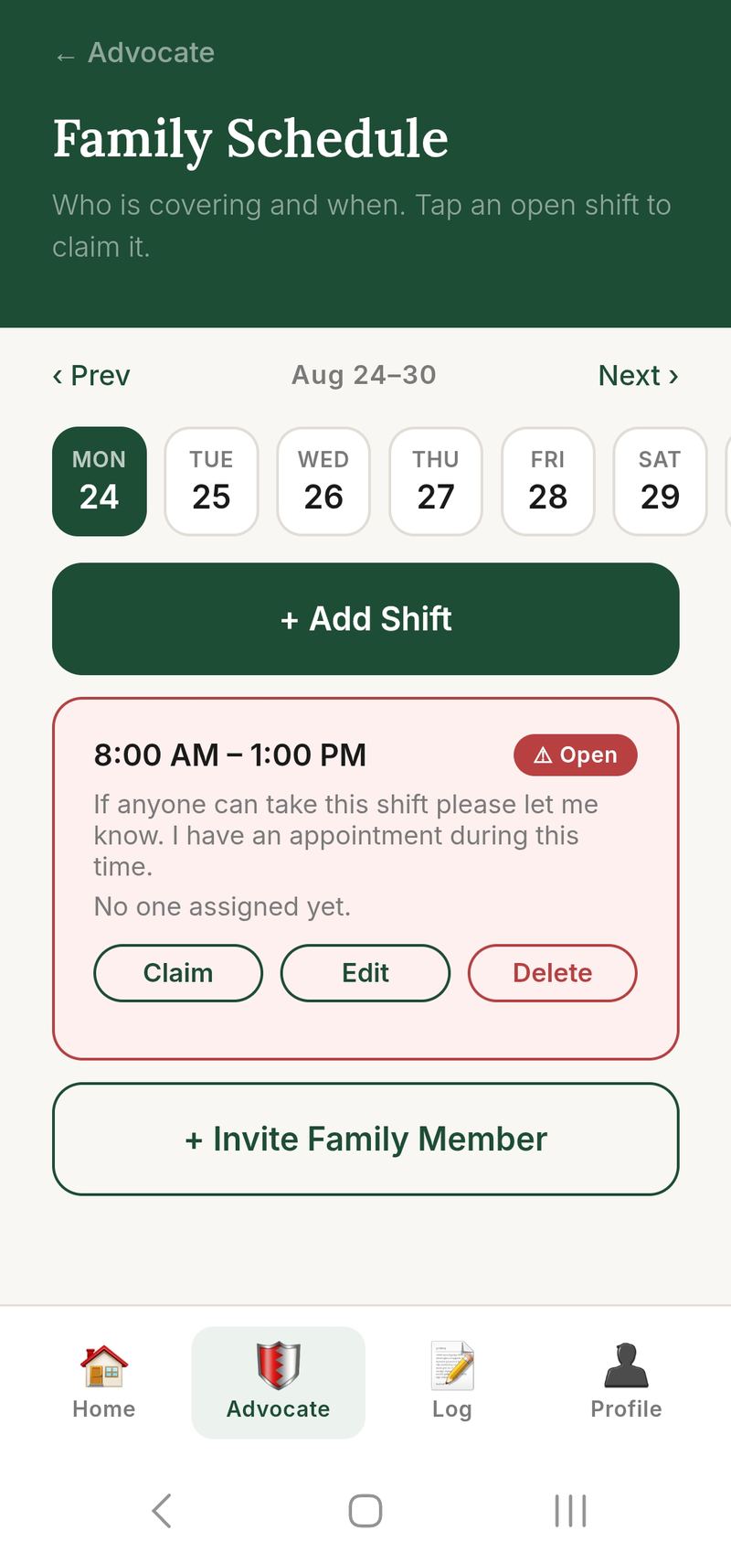 Family schedule screen for coordinating hospital visit shifts