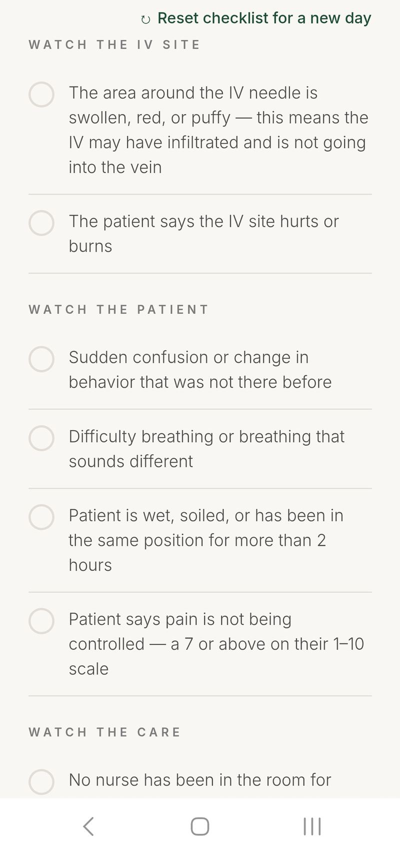 Red flag checklist screen listing warning signs to watch for a hospitalized loved one
